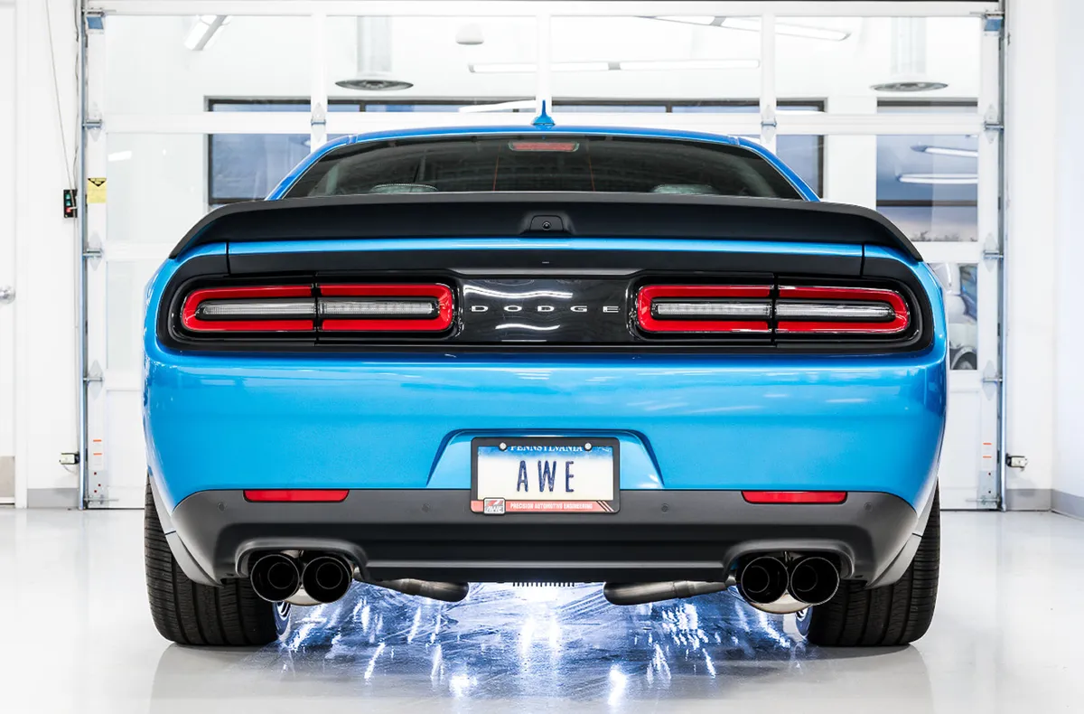 AWE Track Edition Exhaust for 15+ Challenger 6.4 / 6.2 SC - Chrome Silver Quad Tips product image
