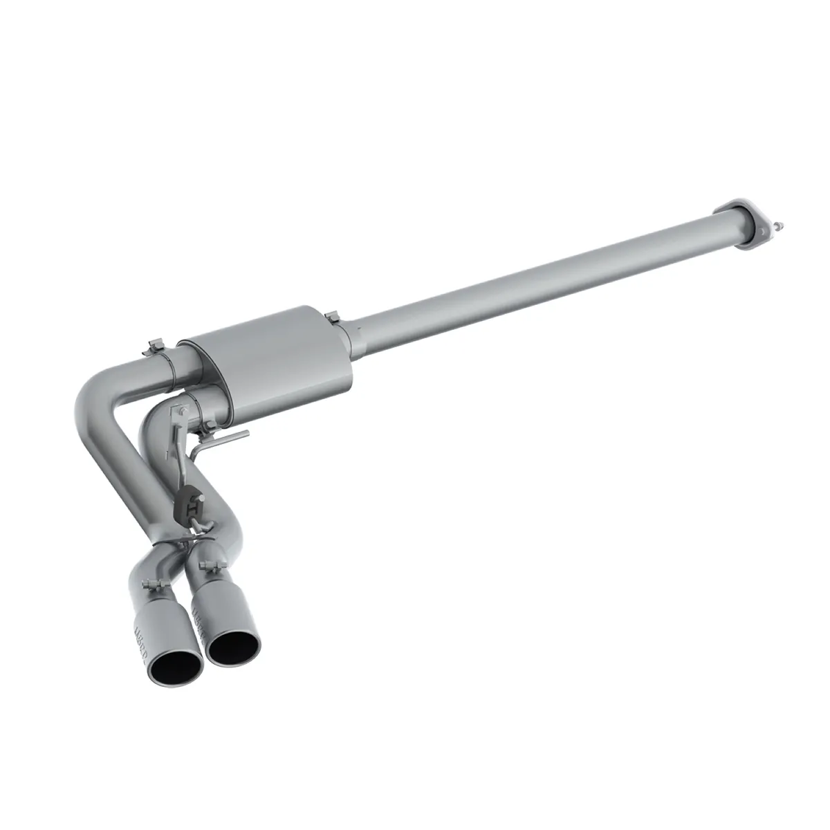 Armor Plus Cat Back Exhaust System; 3 in.; Incl. Front Pipe/Muffler/Tailpipes/Hrdw/4 in. Tips; PreAxle Single Side Dual Outlet; 409 Stainless Steel; Excludes Factory Dual Exhaust; product image