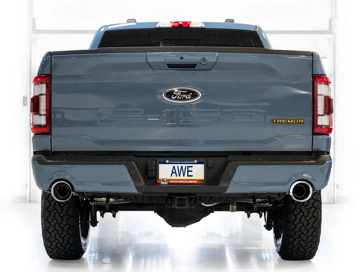 AWE 0FG Resonated Catback for 21 Ford F-150 Tremor (With Bumper Cutouts) - Chrome Silver Tips 3015-32402 product image