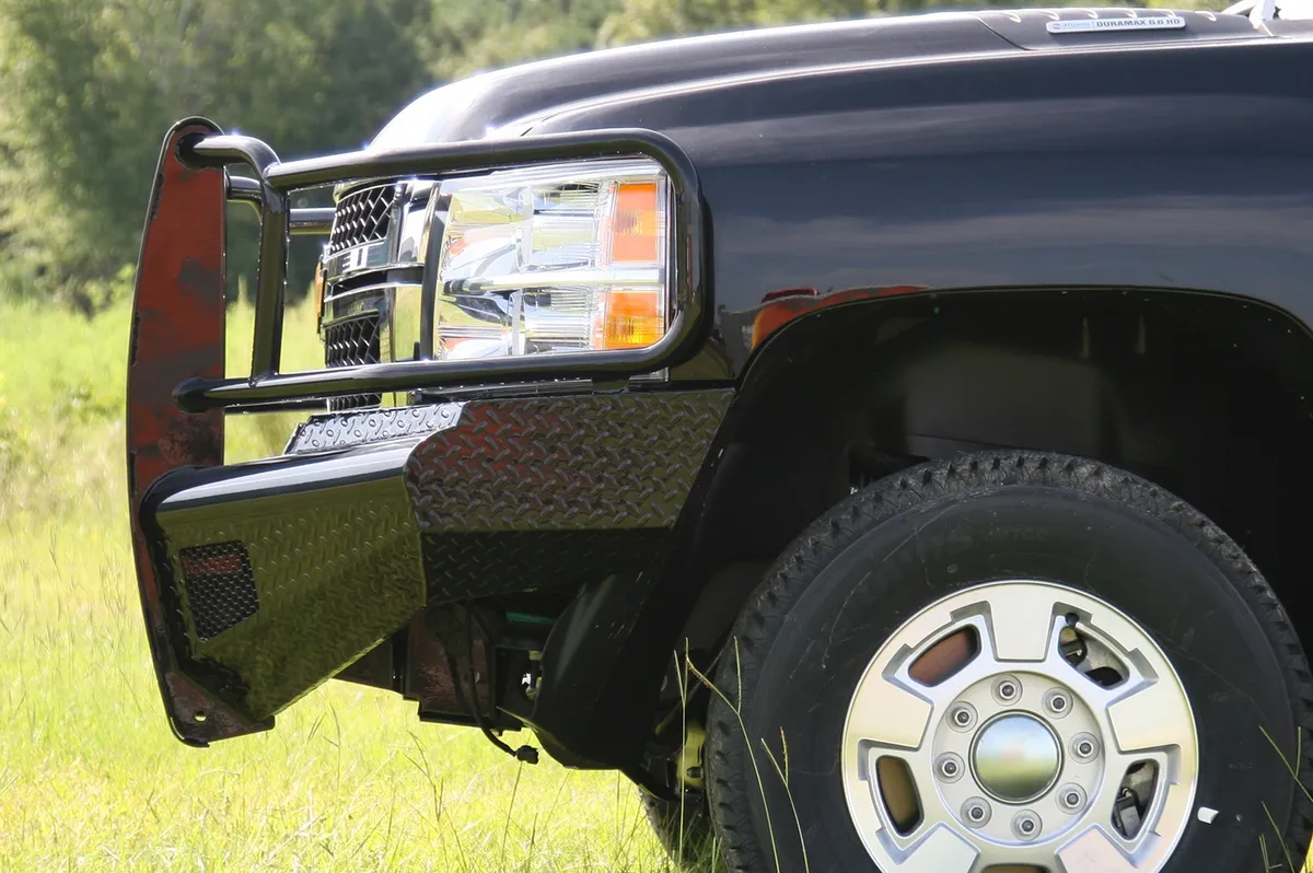 Black Steel Front Ranch Bumper; 2 Stage Black Powder Coated; w/Full Grill Guard; Incl. Light Cut-Outs; product image