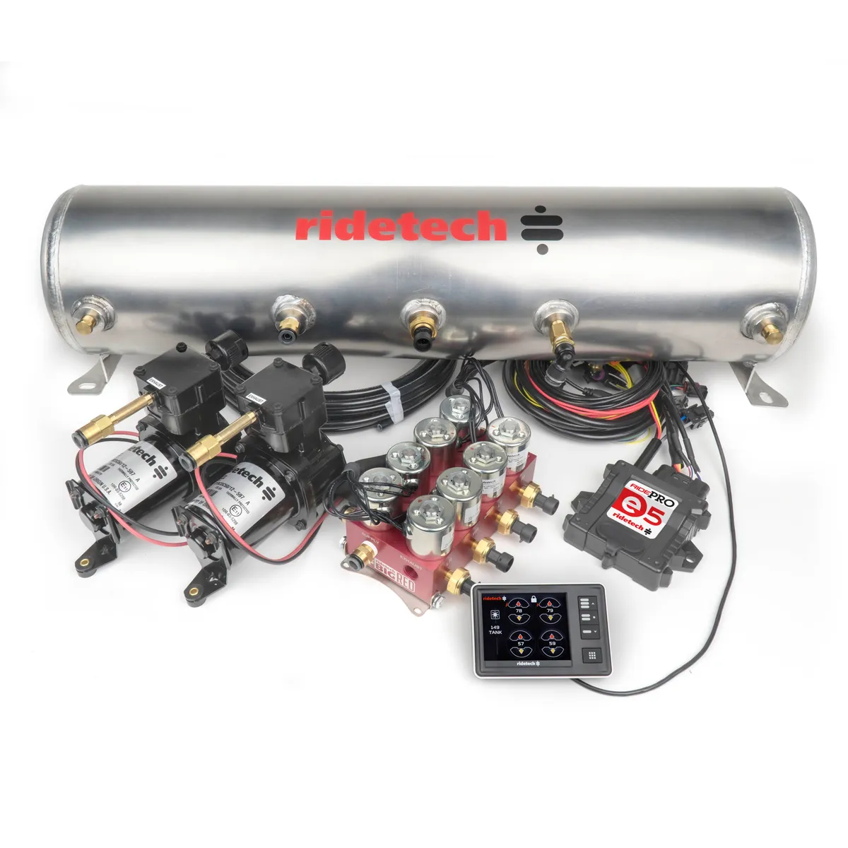 Bigred Ridepro E5 Air Suspension Control System W/ 5 Gallon Tank 2 Air Compressors 5 Gallon Tank Bigred Electric Valve Touch Screen Display Ecu Pressure Sensors Wiring Harness 1/4 Inch Airline And Fittings Ridetech product image