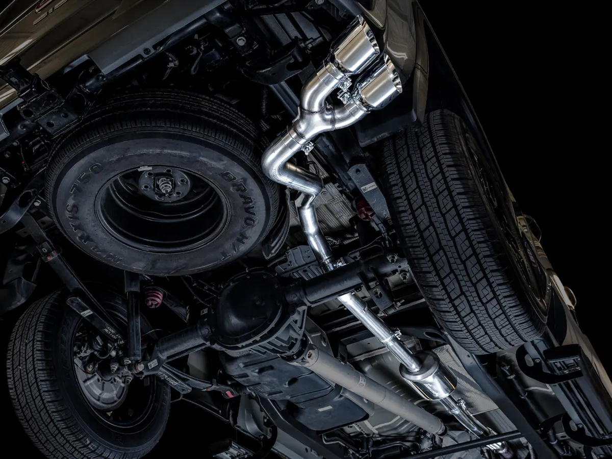 AWE 0FG Catback Split Rear Exit Exhaust for 4th Gen Silverado/Sierra 1500 5.3L (With Bumper Cutouts) - Quad Chrome Silver Tips product image