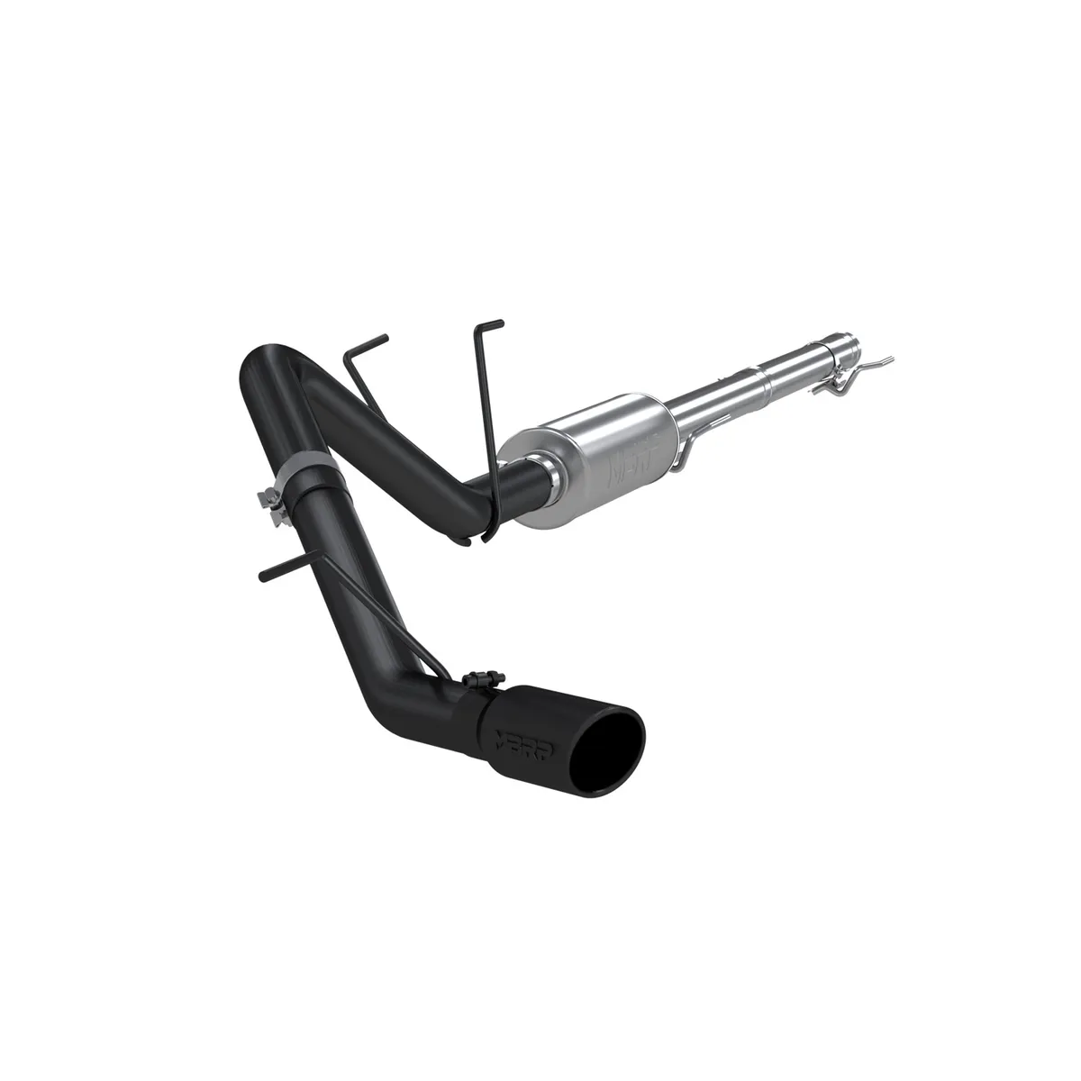 Armor BLK Cat Back Exhaust System; 3 in.; Incl. Front Pipe/Extension Pipe/Muffler/Over Axle Pipe/Tailpipe/Hardware/4 in. OD Tip; Single Side Exit; Black Coated; product image