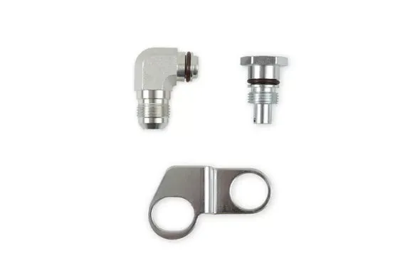 Earl's Remote Reservoir Adapter Kit for Saginaw Type II Power Steering Pumps Includes -10 AN Reservoir Fitting, Flow Valve, and Retaining Bracket product image