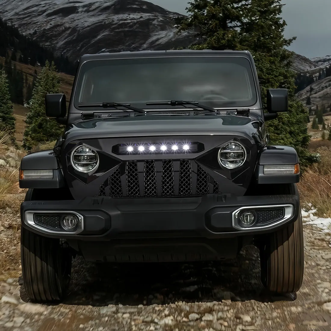 Demon Grille W/ Led Off-Road Lights - Glossy Black For 18+ Jeep Wrangler JL & Gladiator JT W/ O Trailcam product image