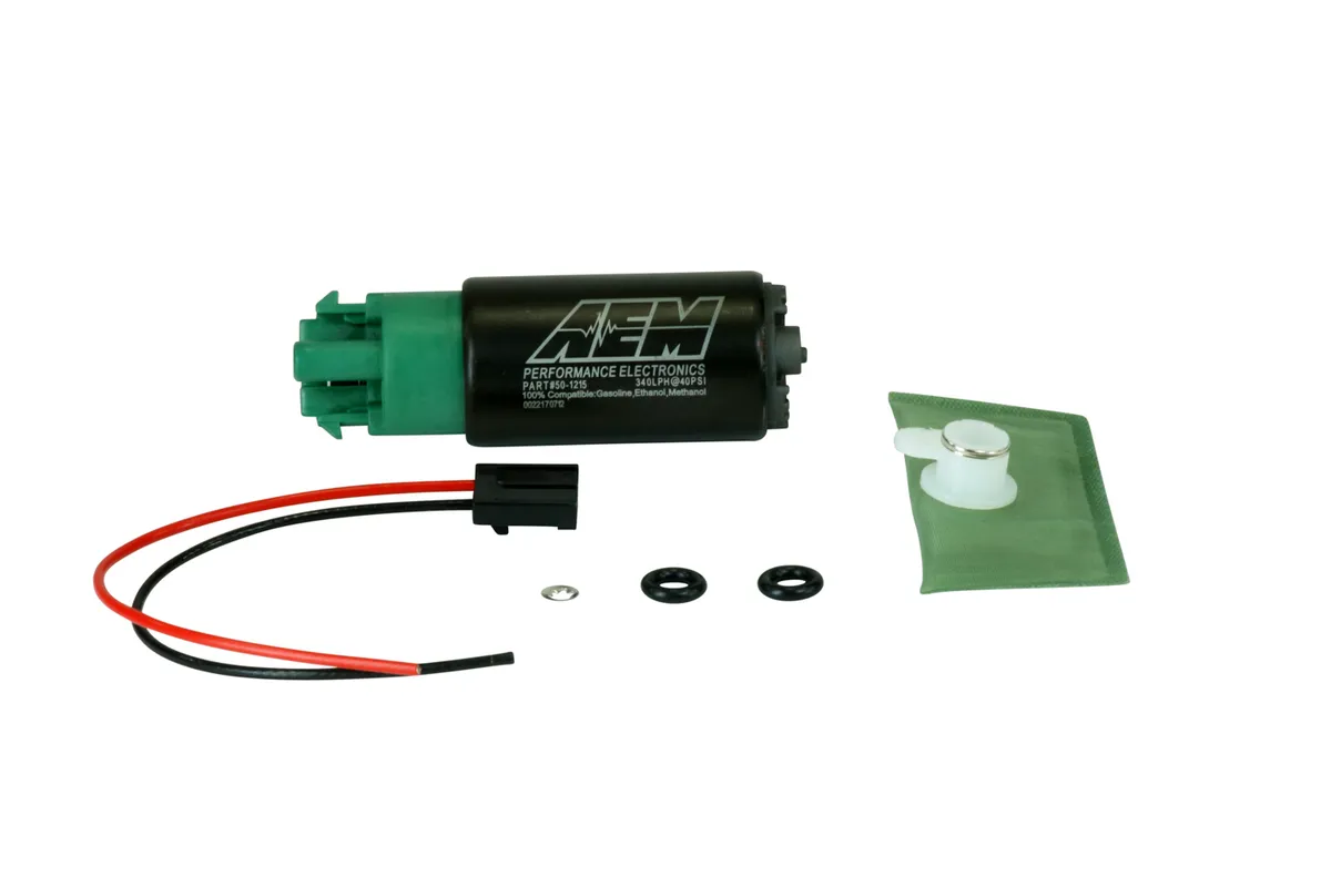 AEM Electronics AEM 340LPH E85-Compatible High Flow In-Tank Fuel Pump - 65mm Body w/Hooks - Offset Inlet/340LPH@40psi/Not application specific