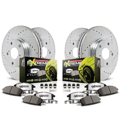 PowerStop Z26 Street Warrior Upgrade Kit: Drilled/Slotted Rotors; Carbon-Fiber Ceramic Pads w/Hardware; Pad Sensors