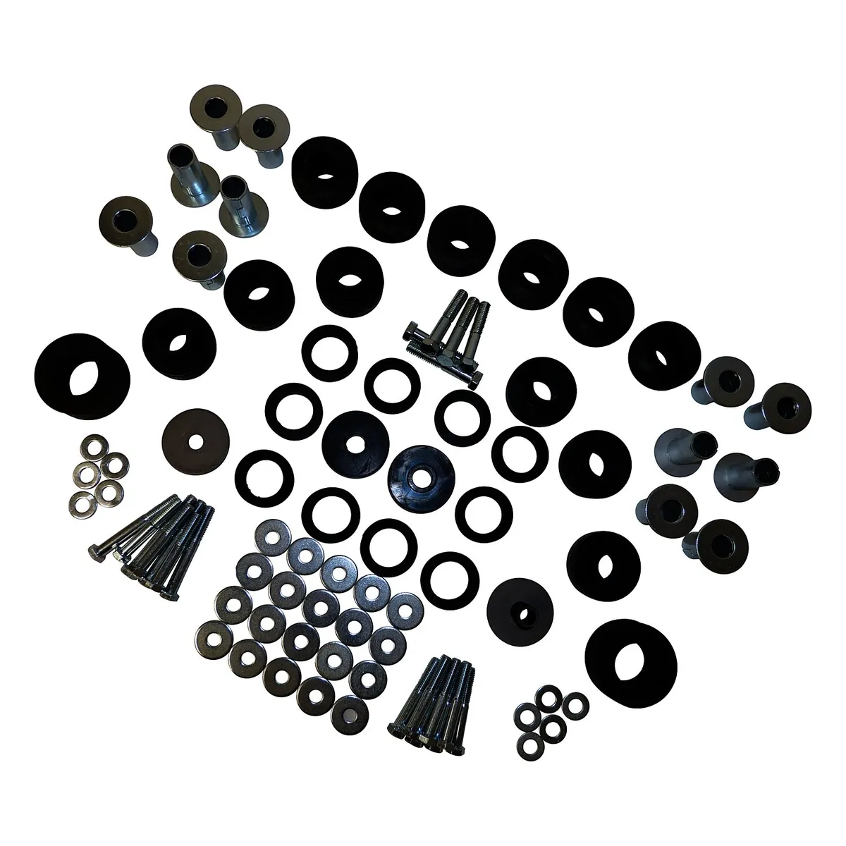 Body Mount Master Kit Jeep 1979-1983 CJ-5 1979-1986 CJ-7 1981-1986 CJ-8 w Steel Body Body Mount Master Kit Includes Upper Lower Grille Mount Bushings Grille Mount Retainer Grille Mount Washer Upper Lower Body Mount Bushings Body Mount Retainers and product image