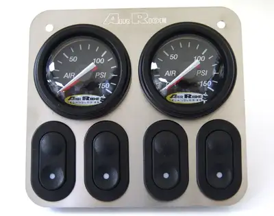 Ridetech 4-Way 12 Volt Analog Control Panel For Air Suspension For Use W/ Electric Valves 2 Dual Needle Black Face Gauges 2 Electric Rocker Switches And A Stainless Steel Panel Ridetech