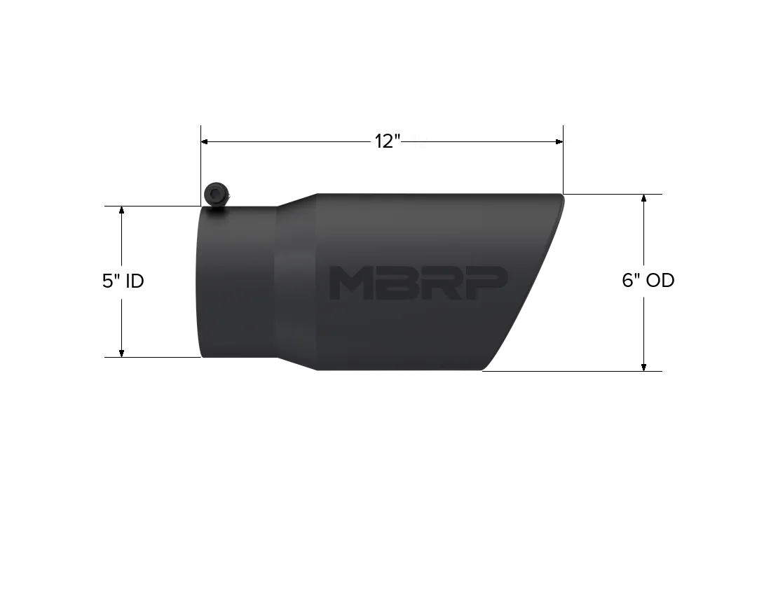 Armor BLK Exhaust Tip; 5 in. Inlet Diameter; 6 in. Outlet Diameter; 12 in. Length; Angled Rolled Edge; T304 Stainless Steel; Black Coated; product image