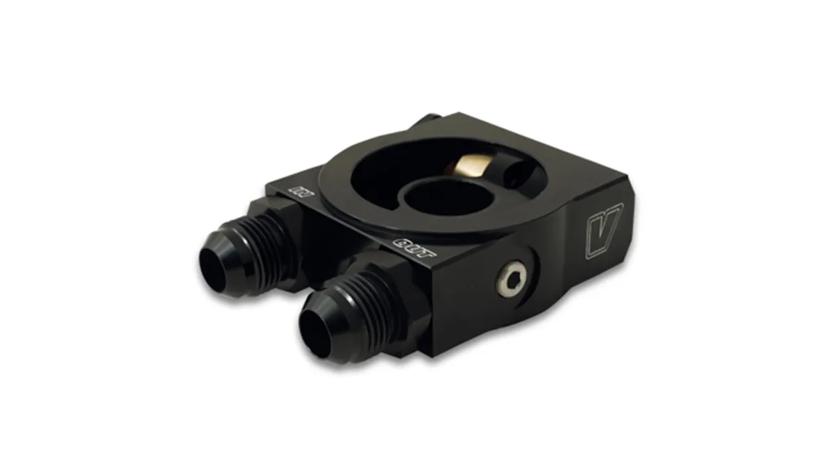 Thermostatic Oil Cooler Adapter; -10AN Inlet/Outlet ID; 6061 Aluminum; Black Anodized; Sandwich Adapter w/o Spacer; product image