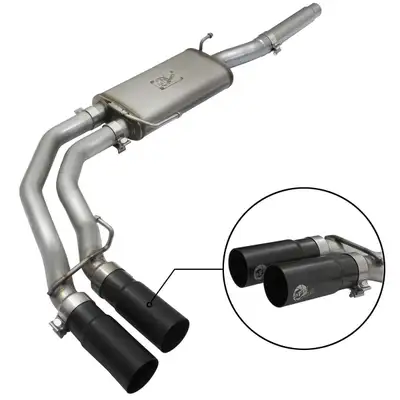 aFe Power Rebel Series 3in to 2-1/2in Stainless Steel Cat-Back Exhaust System w/Black Tip Ford F-150 09-14 V8-4.6L/5.4L/5.0L CC/SB, EC/SB,CC/LB