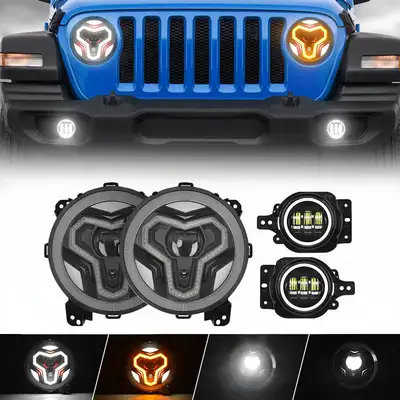 LED Factory Mart "Warrior Style 9"" LED Halo Headlights & Halo Fog Lights For 2018-Later Jeep Wrangler JL & Gladiator JT Combos"