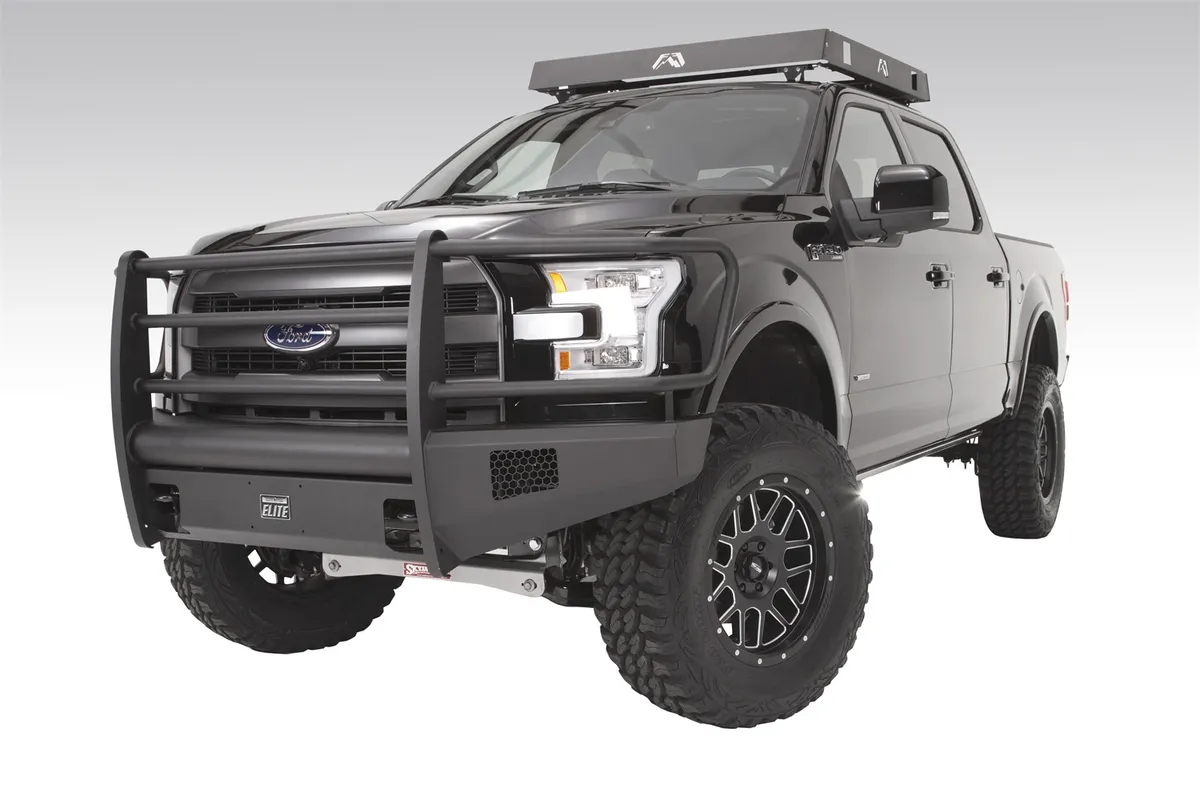 Elite Front Bumper; 2 Stage Black Powder Coated; w/Full Grill Guard; Incl. Light Cut-Outs And Tow Hooks; product image