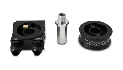 Vibrant Performance Thermostatic Oil Cooler Adapter; -10AN Inlet/Outlet ID; 6061 Billet Aluminum; Black Anodized; Sandwich Adapter Kit w/Spacer;