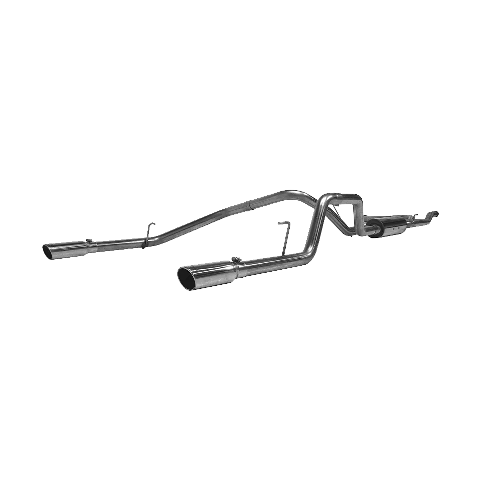 Armor Plus Cat Back Exhaust System; 2.5 in.; Incl. Front Pipes/Ext. Pipe/Muffler/Over Axle Pipes/Tailpipes/Hardware/3.5 in. OD Tips; Dual Split Rear Exit; T409 Stainless Steel; product image