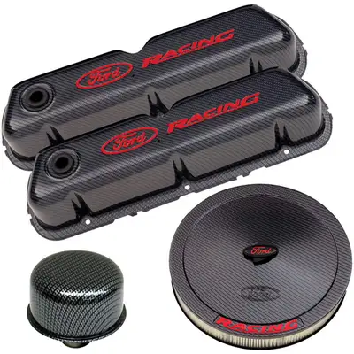 Ford Performance Parts Engine Dress-Up Kit Carbon Finish w/ Red Ford Racing Logo Fits SB Ford Engines Stock Wrap Ford Racing