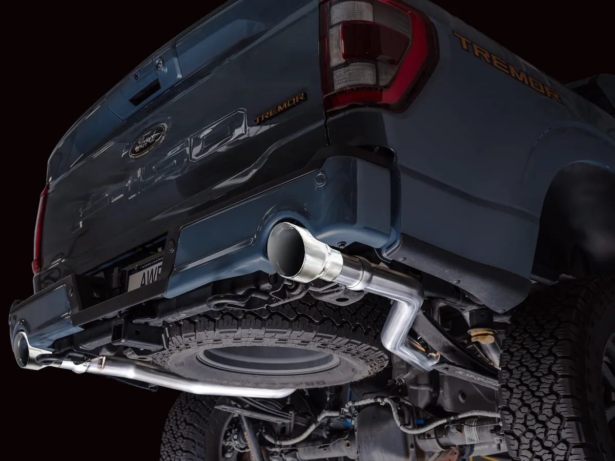 AWE 0FG Resonated Catback for 21 Ford F-150 Tremor (With Bumper Cutouts) - Chrome Silver Tips 3015-32402 product image
