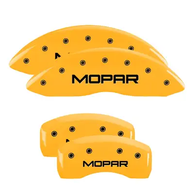 MGP Caliper Covers Set Of 4 Caliper Covers Engraved Front And Rear Mopar Yellow Finish Black Characters 2020-2023 Jeep Gladiator MGP Caliper Covers