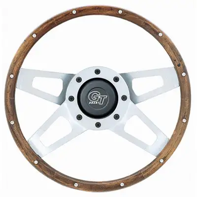 Grant Challenger Steering Wheel; 13 1/2 in. Diameter; 2 1/4 in. Dish; Genuine Hardwood Walnut Finish w/Rivets; Satin Silver Dual Plane Spokes;