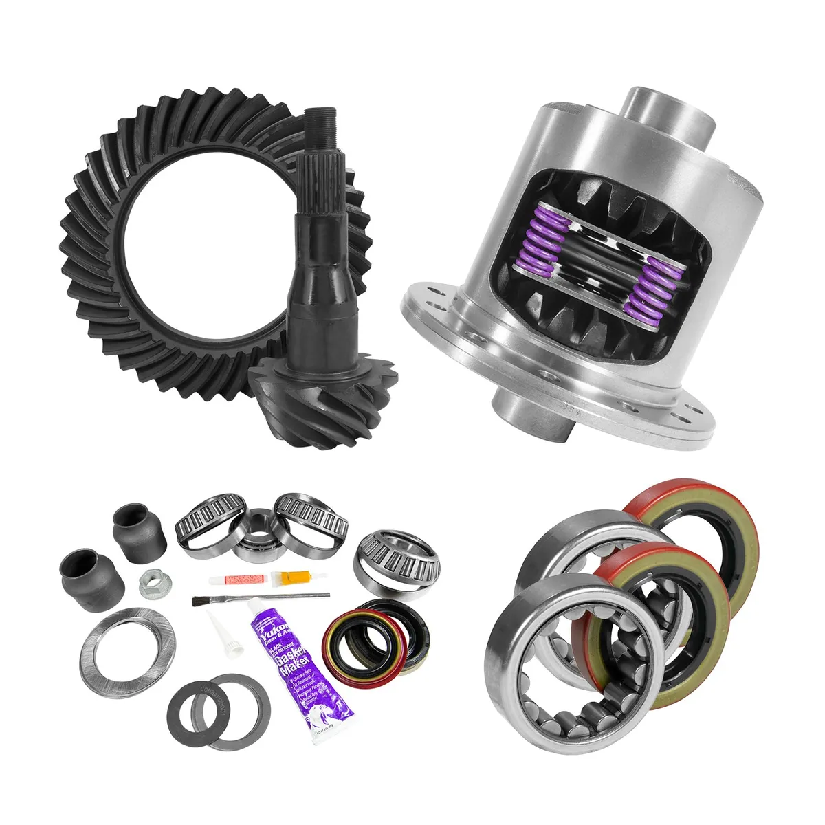 Yukon Gear and Axle 975in Ford 411 Ratio Rear Ring and Pinion Gear Set and Master Install Kit Package with 34 Spline Yukon Dura Grip Limited Slip Positraction and 253in OD Axle Bearings and Seals product image