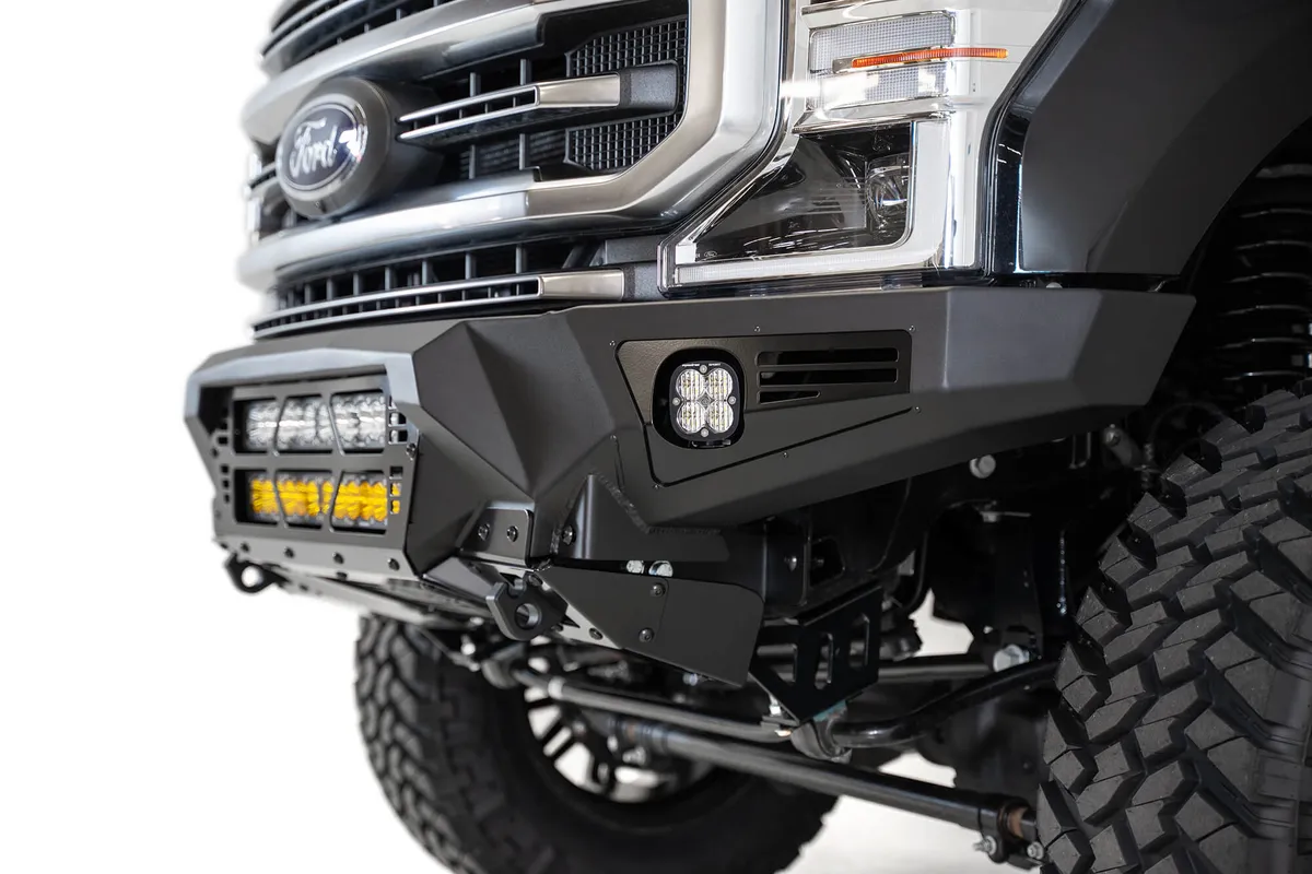 The Addictive Desert Designs Bomber front bumper brings the ultimate combination of form and function to the Ford F250F350. A full 316 aluminum skid plate offers superior protection while keeping the bumper lightweight. Three different light options ar product image