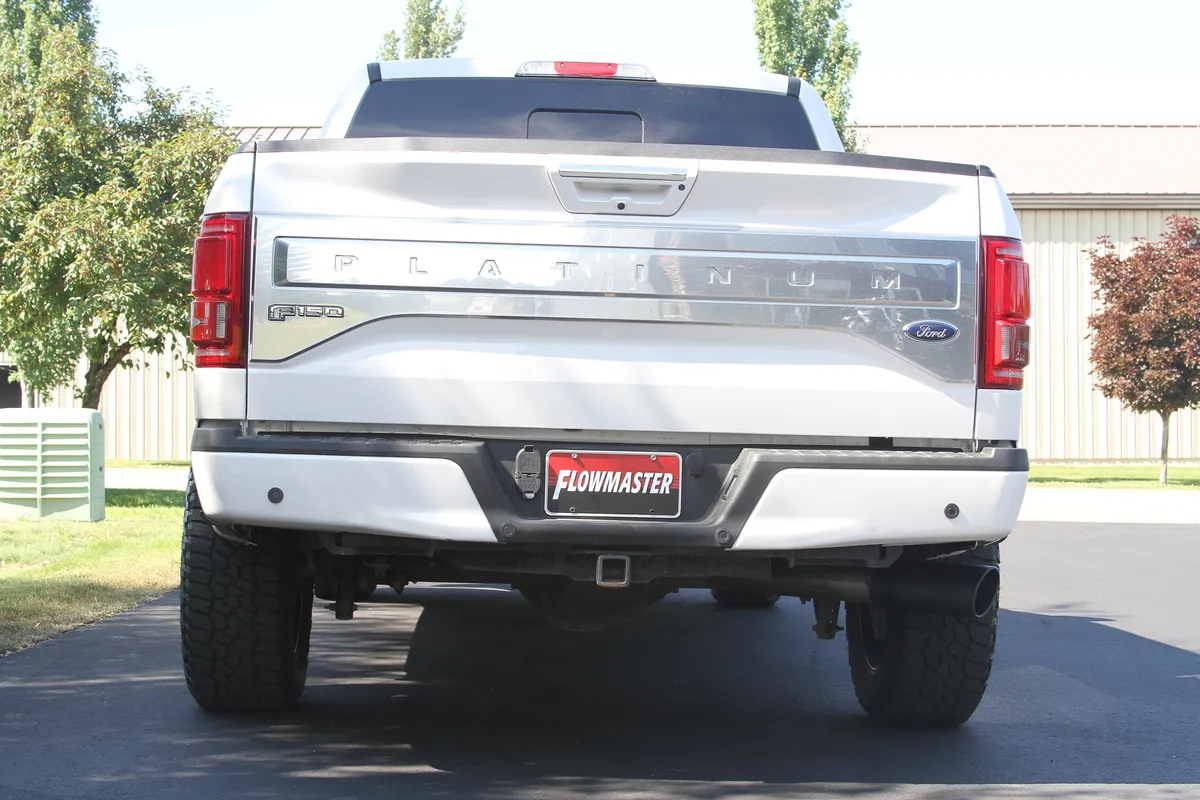2015-2017 Ford F-150, 2.7L/3.5L EcoBoost, 2WD/4WD, All Except Std Cab/Short Bed (122" WB), Cat-back, Outlaw Series Muffler, Mandrel Bent 4.0in. 16 Gauge Tubing, 5in. Black 304S W/Embossed Logo Tip, SOS, Outlaw, 409S Stainless Steel. product image