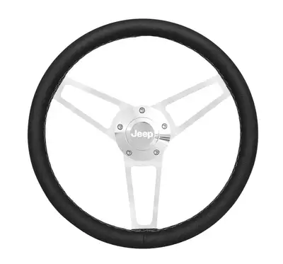 Grant Billet Series Leather Wheel and Installation Kit; 14.75 in. Diameter; 3-Spoke Design; Black; Jeep Logo; Includes Wheel/OEM Center Cap/Install Kit PN[5196-1] Polished;
