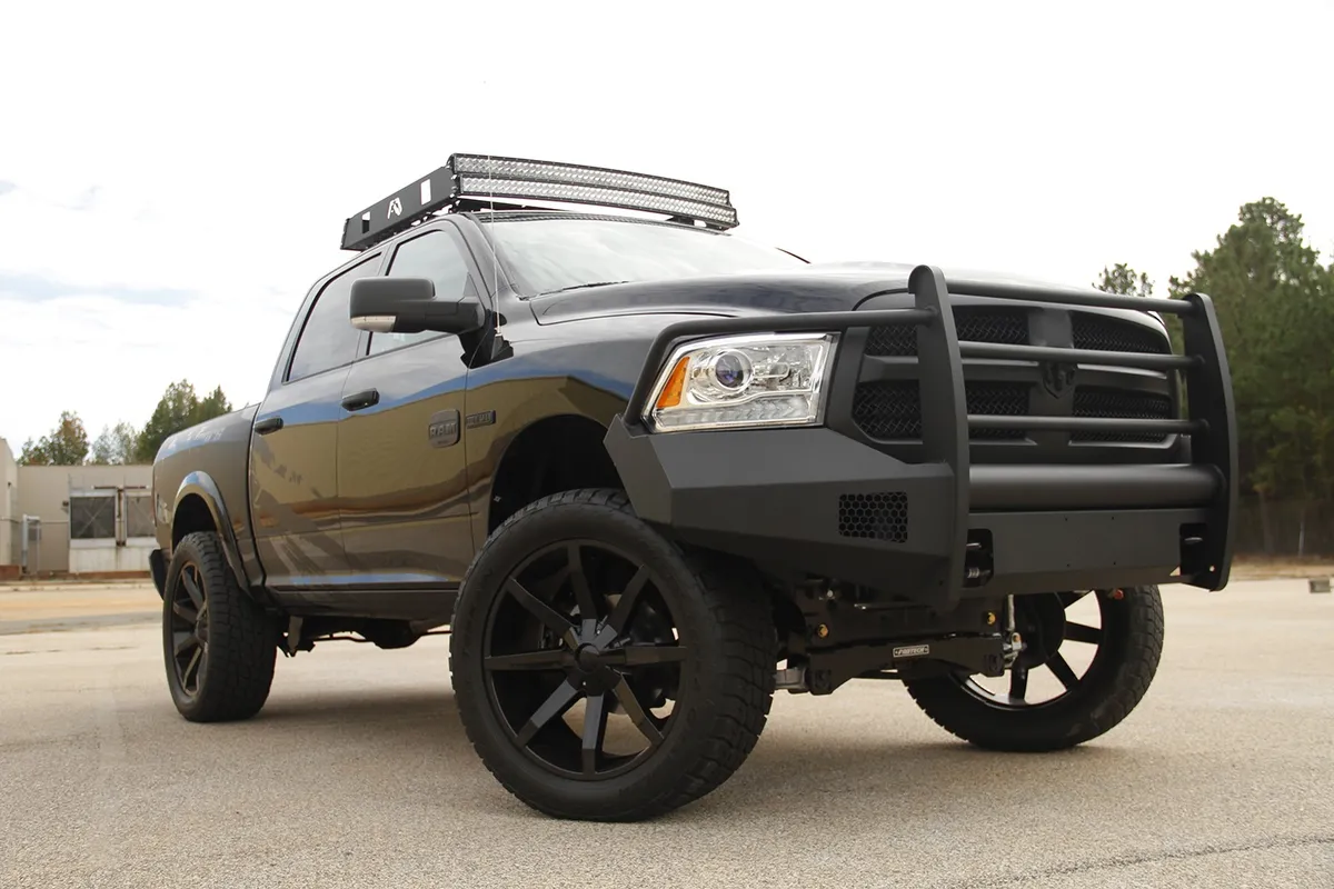 Elite Front Bumper; 2 Stage Black Powder Coated; w/Full Grill Guard And Tow Hooks; product image