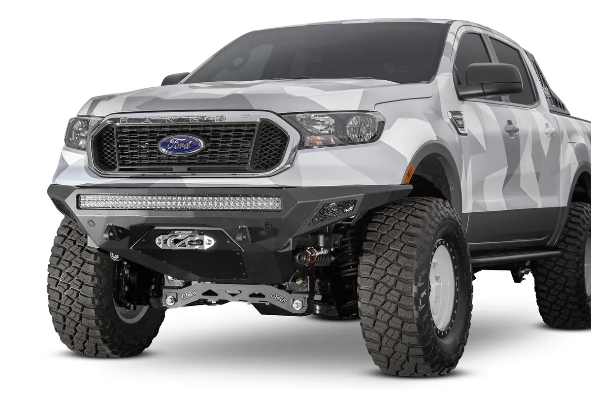 Ford Ranger Stealth Fighter Front Bumper with Winch mount and SENSOR CUTOUTS with 10 duallyuniversal 40in Mounts with D-ring Clevis Mounts and Dually Mounts on Sides in Hammer Black with Satin Black panels product image