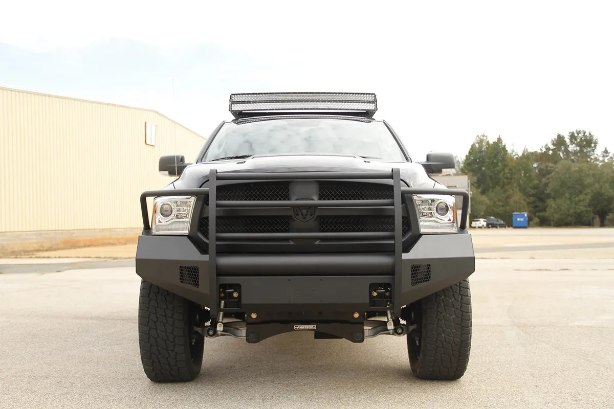 Elite Front Bumper; 2 Stage Black Powder Coated; w/Full Grill Guard And Tow Hooks; product image