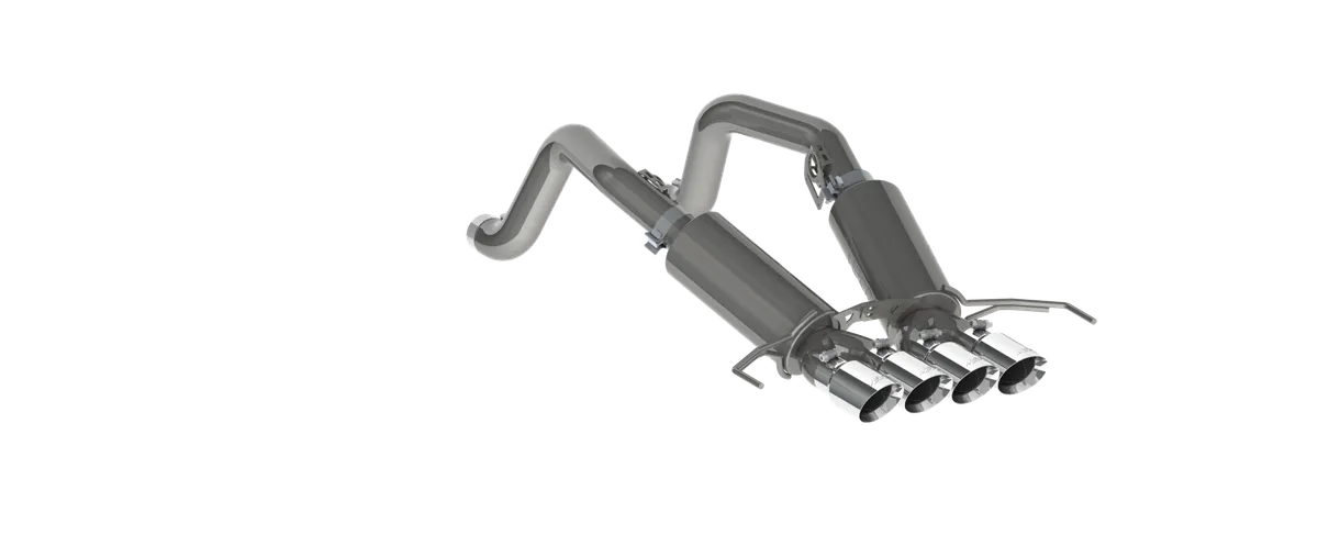 Armor Pro Axle Back Exhaust System; 3 in.; Incl. Dual Mufflers/Over Axle Pipes/Hardware/Quad 4 in. OD Dual Wall Tips; Quad Split Rear Exit; 304 Stainless Steel; product image