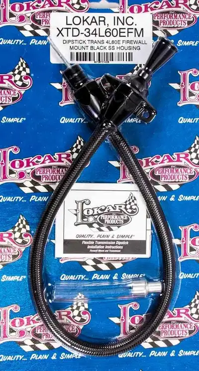 Lokar Hi-Tech Flexible Braided Transmission Dipstick; 24 in.; Firewall Mount; Incl. Flexible Inner Dipstick/Funnel Adapter/Braided Black Stainless Outer Housing; Black Finish;