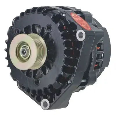 Power Master Alternator; AD244; Offset 2 in. Spools; 220 Amp; 150 Idle; w/4 pin Voltage Regulator; Black;