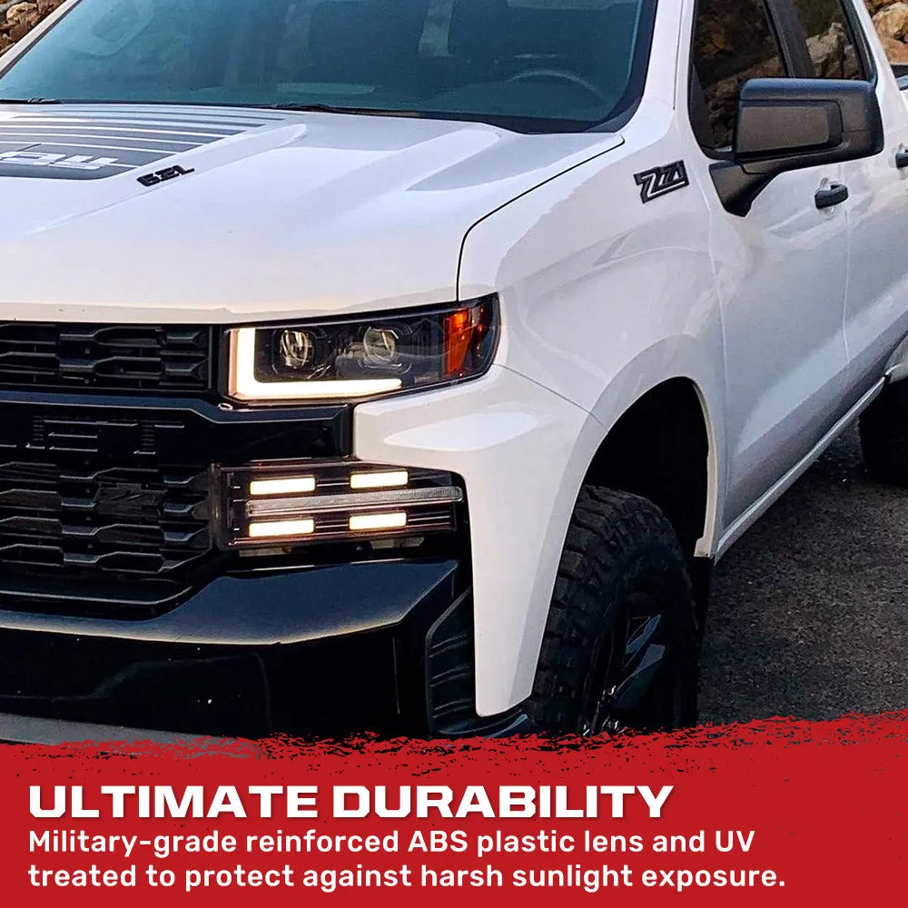 Chevrolet Silverado 19-20 1500 4th Gen Body Style w OEM Halogen And Standard Reflector Housing - Halogen Projector Headlights w Ultra High Power Smooth Oled DRL And Scanning Switchback High Power Amber LED Turn Signals - Smoked Black product image