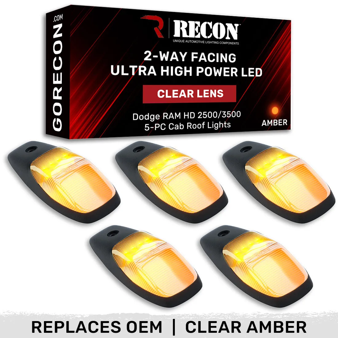 Dodge 19-23 RAM Heavy-Duty 2500 3500 5-Piece Set Smoked Cab Roof Light Lens With 2-Way Forward Rear Facing Amber Ultra High-Power Leds - Attn Plug-N-Play Replacement For OEM Factory Installed Cab Roof Lights product image