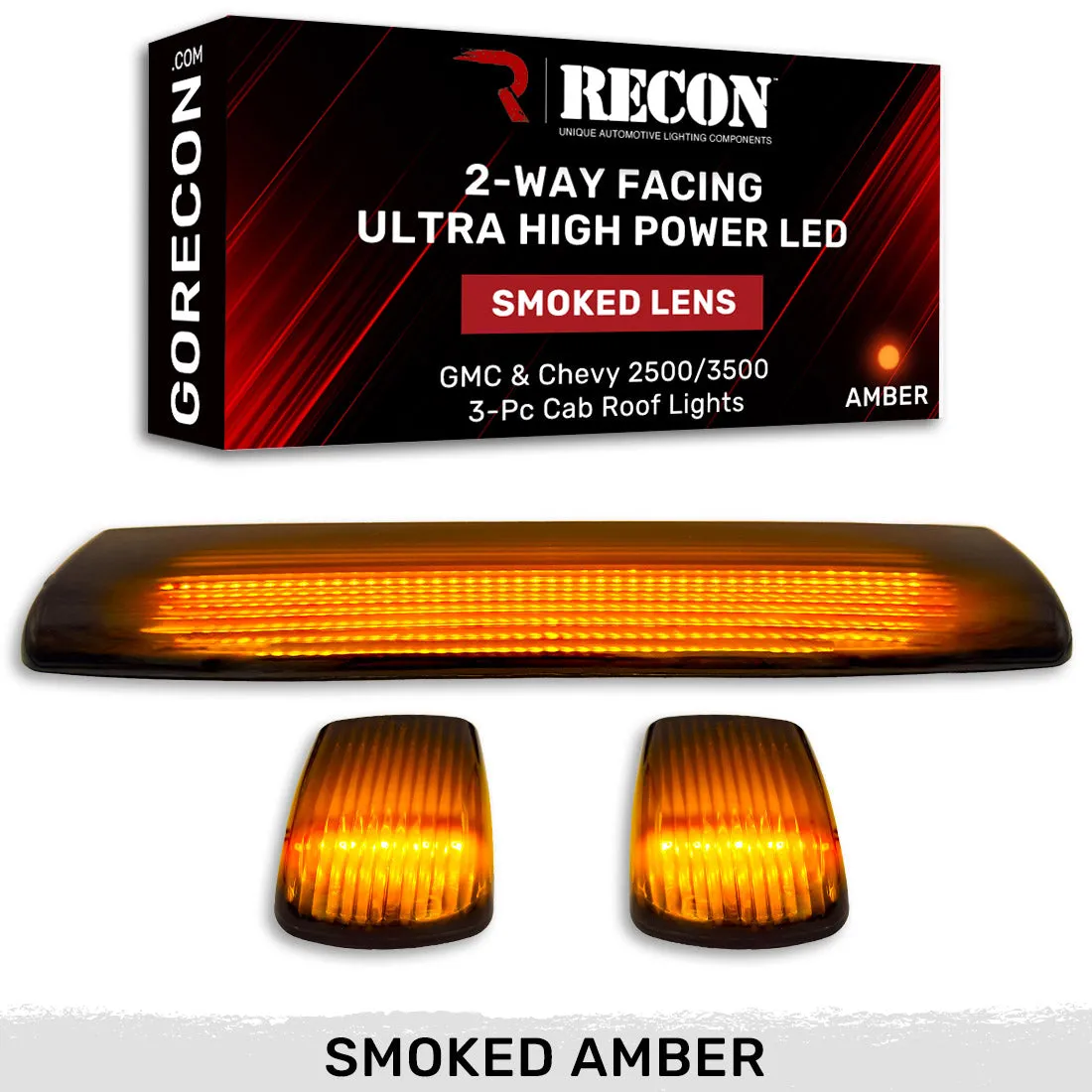 Gmc Chevy 15-19 3rd Gen Body Style Heavy-Duty 3-Piece Set Smoked Cab Roof Light Lens With 2-Way Forward Rear Facing White Ultra High-Power Leds - Plug-N-Play Installation Replaces OEM Installed Cab Roof Lights product image