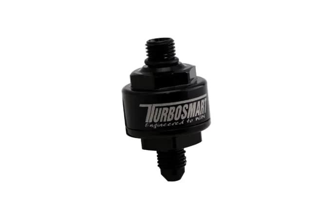 TurboSmart USA Turbosmart Billet Turbo Oil Feed Filter with 44 micron pleated disk stainless steel washable screen filter. AN-4 male to AN-4 ORB- Black