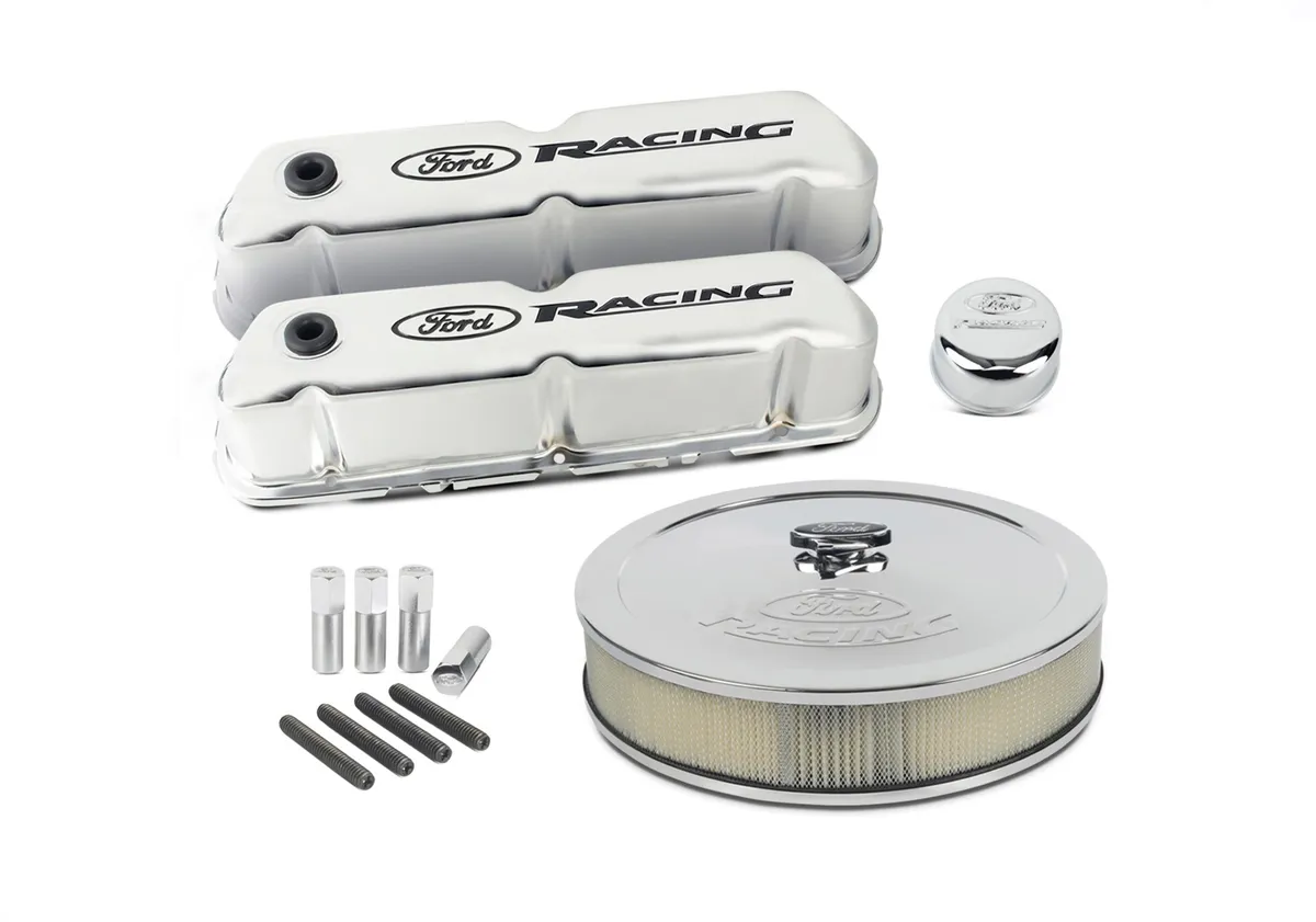 Engine Dress-Up Kit Chrome w/Black Ford Racing Logo Fits SB Ford Engines Stock Chrome Ford Racing product image