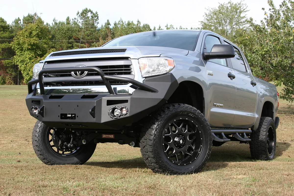 Premium Winch Front Bumper; 2 Stage Black Powder Coated; w/Pre-Runner Grill Guard; Incl. 90mm Fog Lamps/60mm Turn Lights; D-Ring Mounts; product image