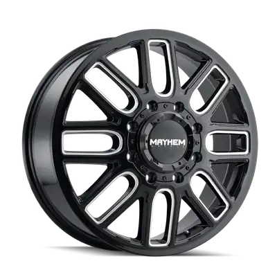 Mayhem Mayhem Dually Wheels Cogent Dually 8107D 20x8.25 Front Dually Milled Spokes Gloss Black 115 Off Set 8 Lug 9.15 BSM 154.2 Bore Cast Aluminum