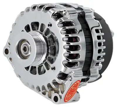 Power Master Alternator; AD244; Offset 2 in. Spools; 220 Amp; 150 Idle; w/4 pin Voltage Regulator; Chrome;