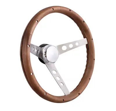 Grant Classic Series Nostalgia Steering Wheel; 15 in. Diameter; 4 1/8 in. Dish; Genuine Walnut Finish w/Finger Grips; Brushed Stainless Steel 3-Spoke Design;