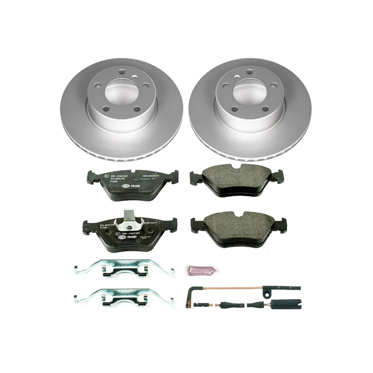 Euro-Stop Kit: Genuine Geomet Fully Coated Rotors; Ece-R90 Certified Pads W/Hardware; Pad Sensors product image