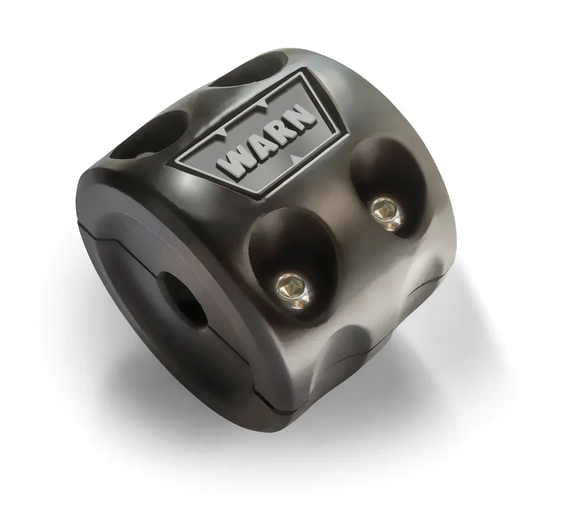 Warn black rubber winch hook bump stop with split design and Warn logo for universal winch protection