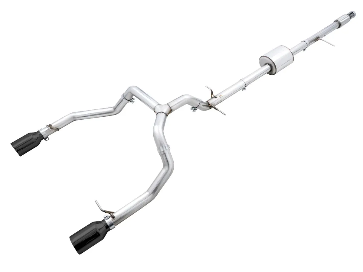 AWE 0FG Catback Split Rear Exit Exhaust for 4th Gen Silverado/Sierra 1500 5.3L (With Bumper Cutouts) - Quad Diamond Black Tips product image