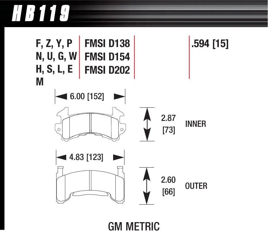 Hawk Performance Overall Thickness: 15 mm Compound: DTC-70 GM Metric