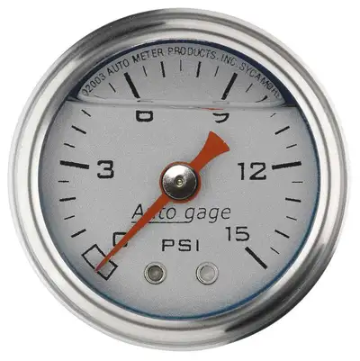 AutoMeter Gauge, Pressure, 1.5" direct mnt, 15psi, Liquid Filled Mech, Slvr, 1/8" NPTF Male