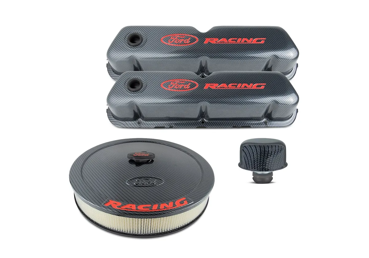 Engine Dress-Up Kit Carbon Finish w/ Red Ford Racing Logo Fits SB Ford Engines Stock Wrap Ford Racing product image