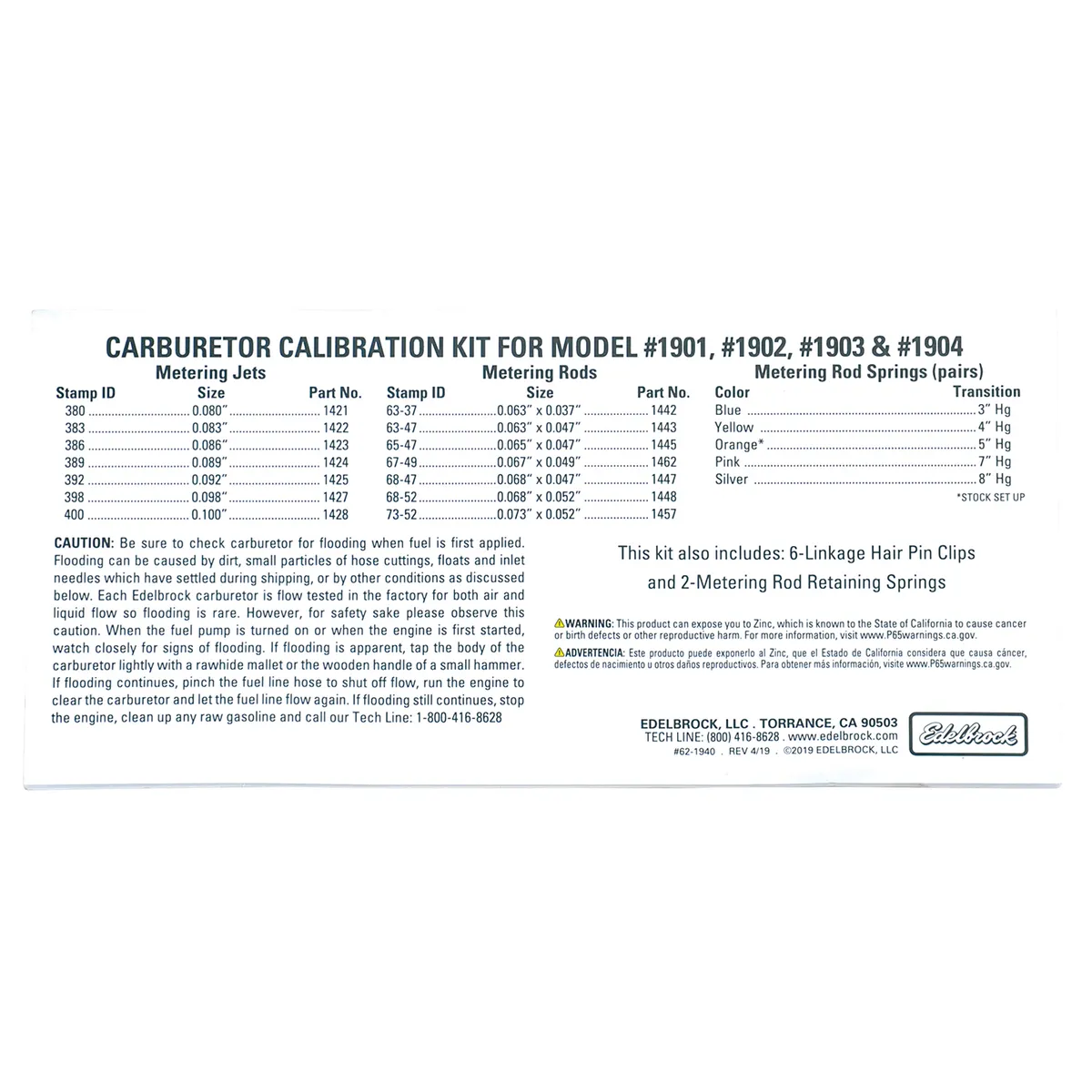 Edelbrock 1940 Edelbrock AVS2 Series Carburetor Calibration Kit #1940 product image